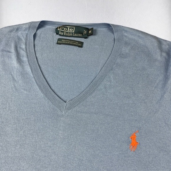 Polo by Ralph Lauren Other - Polo Ralph Lauren Sweater Mens Medium Blue Pima Cotton V-Neck Orange Pony Logo